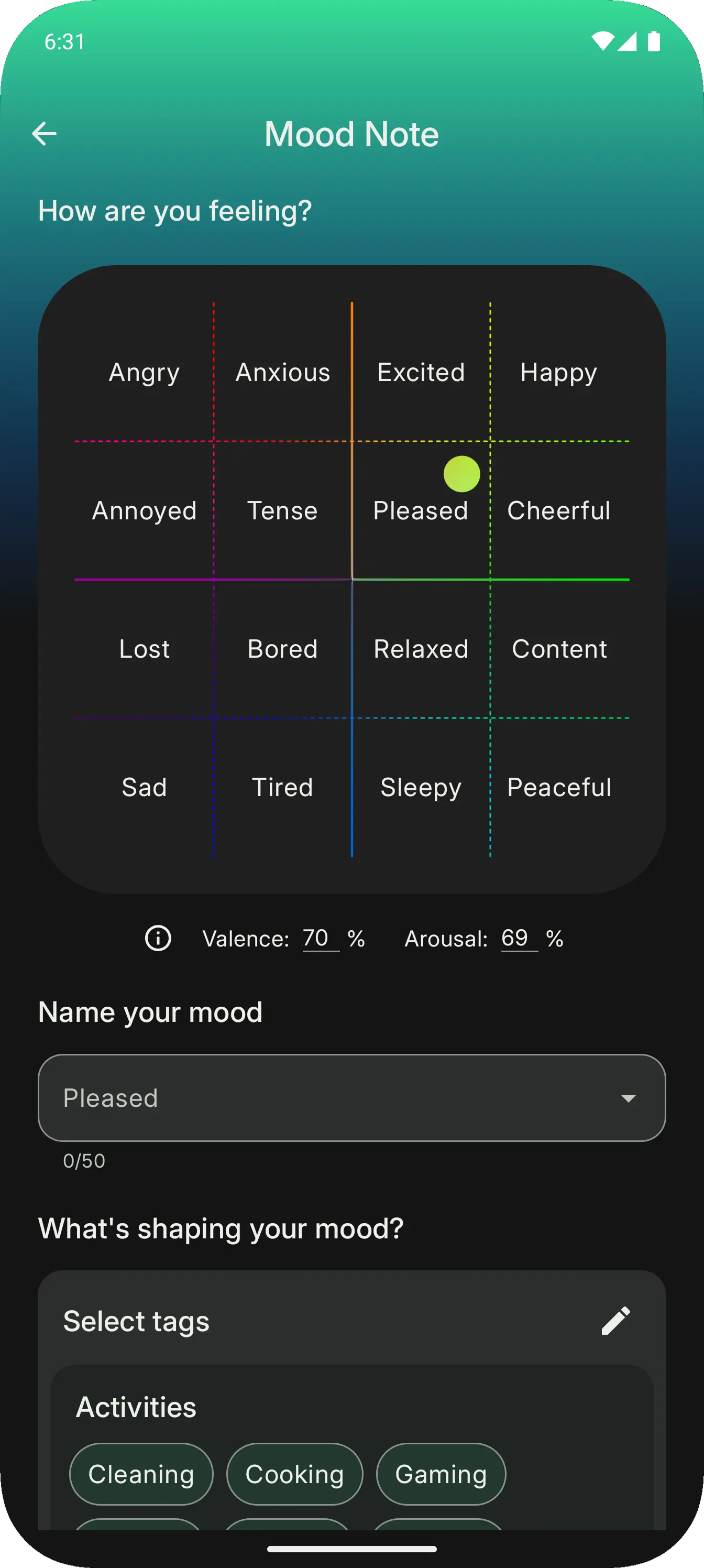Screenshot of Moodset app's note feature