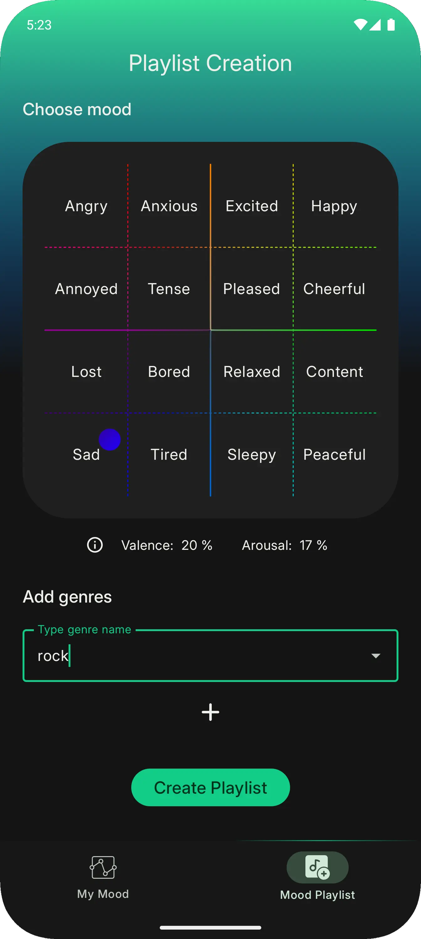Screenshot of Moodset app's mood playlist feature